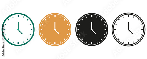 Clock face variety. Colorful timepiece selection. Round watch illustration. Vector concept.