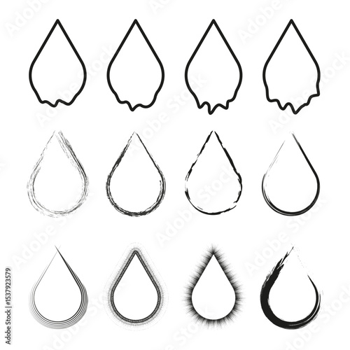 Drop vector outline. Water teardrop symbol. Liquid shape variation. Grunge artistic style.