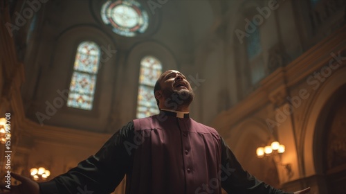 A religious leader's passionate expression within a grand church.