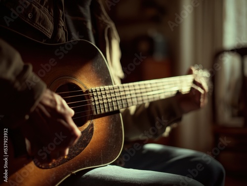 Close-up view of someone playing an acoustic guitar.