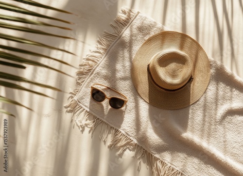 summer towel straw hat sunglasses on sand with palm shadow