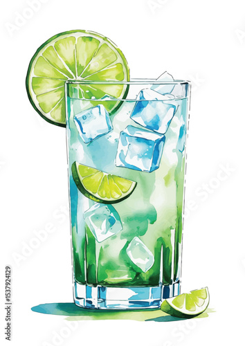 A visually appealing watercolor illustration of a refreshing lime cocktail. Vibrant Watercolor Illustration of a Refreshing Lime Cocktail