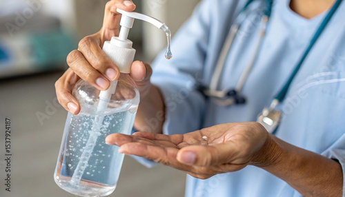 Healthcare Worker Using Hand Sanitizer in Clean Hospital Environment