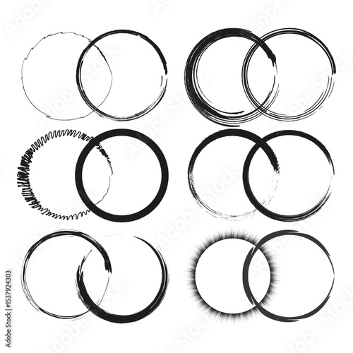 Black gray circles. Overlapping ring pattern. Minimal round element. Vector geometry form.