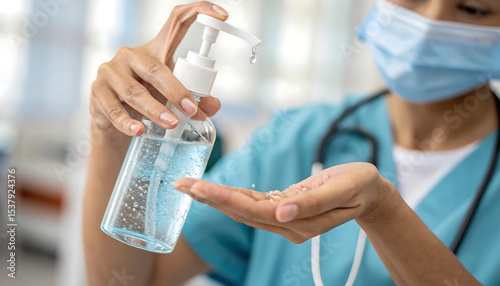 Healthcare Worker Using Hand Sanitizer in Clean Hospital Environment