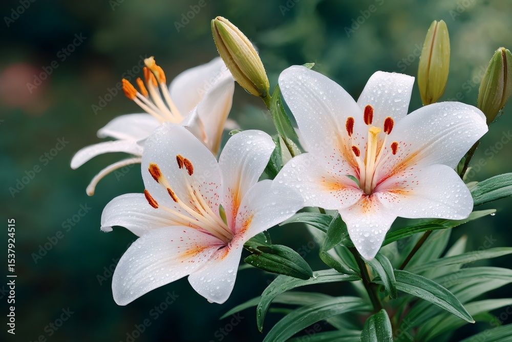 Obraz premium White lilies blooming in summer garden with water drops