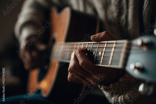Close-up view of hands playing an acoustic guitar.