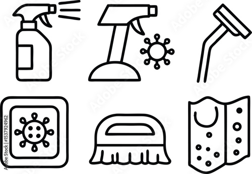 Surface disinfection outline icon set for cleaning and hygiene purposes