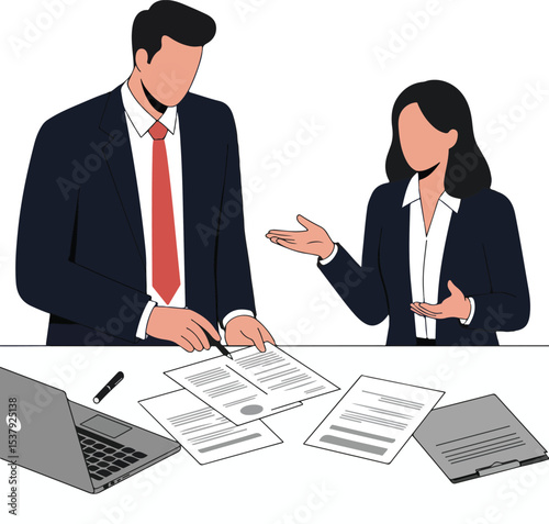 Minimalist Vector of Man and Woman Discussing Document with Laptop