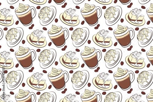 Seamless pattern coffee cup with whipped cream, coffee beans, vector illustration