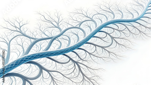 Abstract root-like organic structures with thin translucent strands branching and merging diagonally over white space, forming irregular flowing AI-biology hybrid without pattern or mechanics