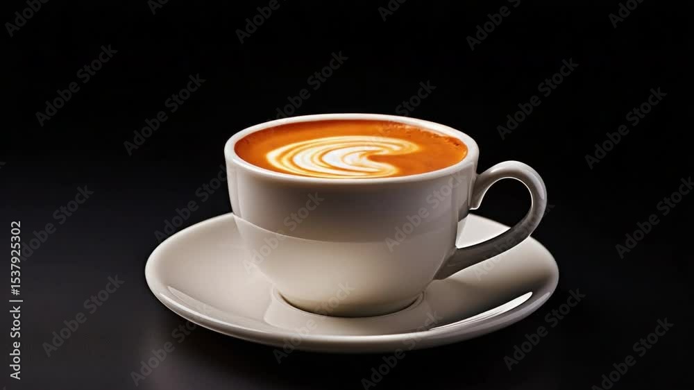 A Cup of Delight: A beautifully crafted cappuccino with latte art, artfully presented in a pristine white cup and saucer against a sleek black backdrop, evoking warmth and indulgence. A Cup of Delight: A beautifully crafted cappuccino with latte art, artfully presented in a pristine white cup and saucer against a sleek black backdrop, evoking warmth and indulgence.