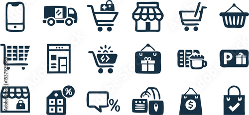 Online Shopping Icons Set E Commerce Retail Delivery Storefront Sales Mobile Commerce Gift and Basket Concepts