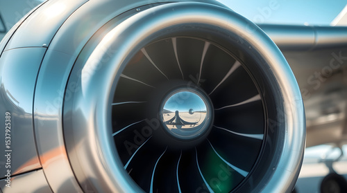 Close-up of turbofan engine reflecting airplane on sunny day