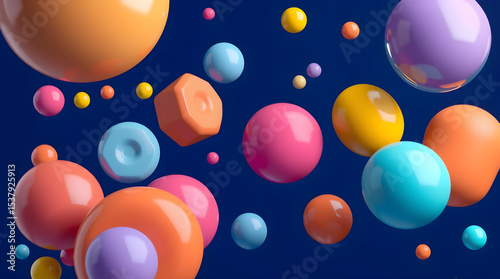 Colorful spheres and geometric shapes floating on blue background