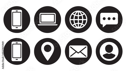 Versatile Contact Icons Set Mobile, Laptop, Globe, Chat, Location, Email, Profile - EPS Vector Graphics