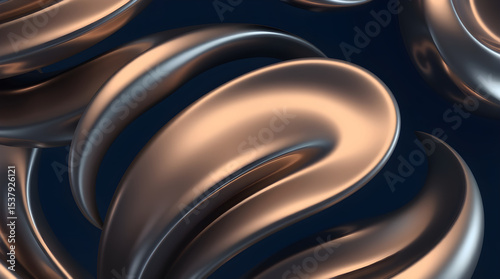Metallic liquid shapes flowing on dark blue background