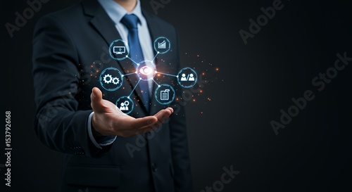 Business man present digital icons
