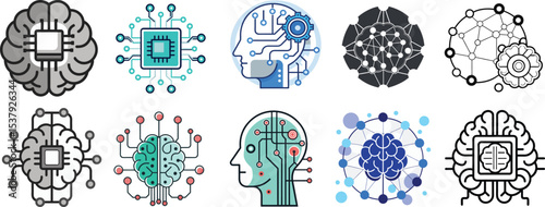 Artificial intelligence brain icons set isolated on transparent background isolated on white background