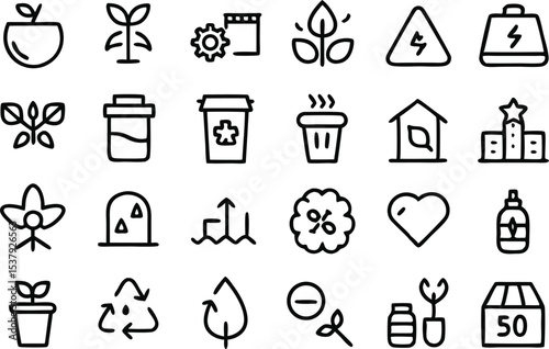 A single line icon set depicting sustainability and recycling themes for design projects
