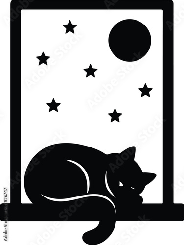 Silhouette cat sleeps on window ledge under stars vector illustration