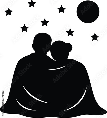 Silhouette couple under moon and stars vector illustration