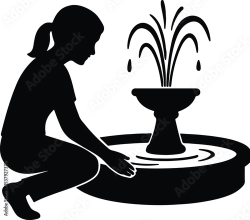 Silhouette girl playing near fountain black and white vector illustration