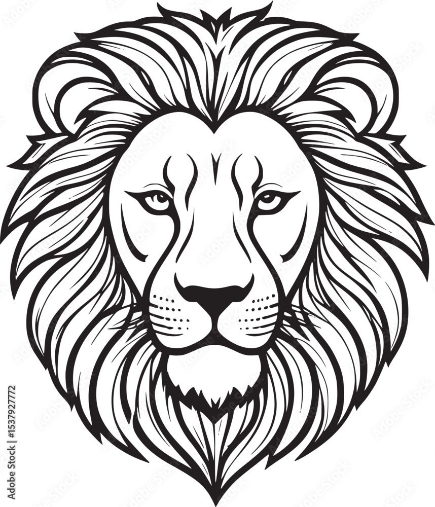 Obraz premium A bold and symmetrical vector icon of a lion’s head, representing courage, strength, leadership, and royalty. Ideal for logo design, tattoos, heraldic symbols, or branding elements.