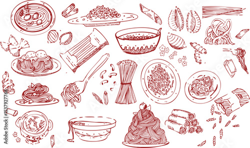 Hand drawn Italian pasta vector set in vintage doodle sketch style. Includes spaghetti, penne, ravioli, macaroni, fusilli, farfalle. Perfect for restaurant menu, packaging, poster, and kitchen decor.