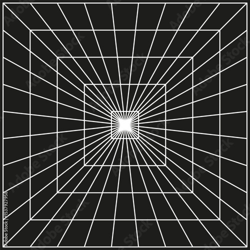 Perspective grid shape. Dark tunnel view. Vector geometric depth. Black wireframe figure.