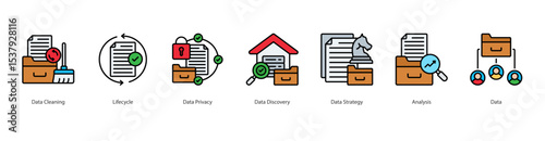 Data Strategy banner web icon set vector illustration concept with icon of data cleaning, lifecycle, data privacy, data discovery, data strategy, analysis, data