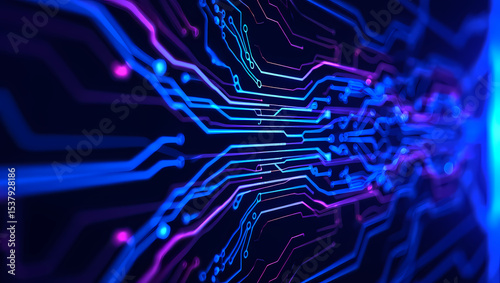 Glowing blue and purple circuit board pathways pulse with digital energy