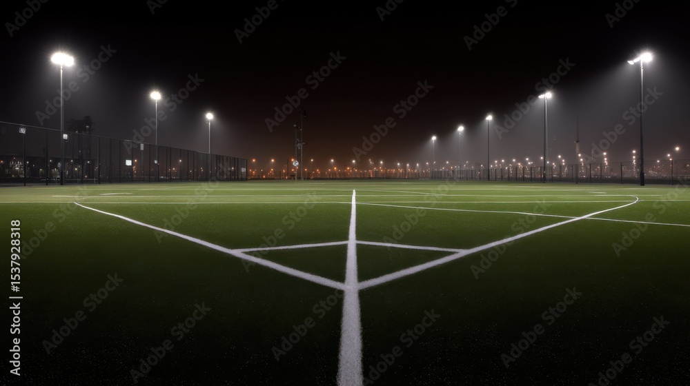 Fototapeta premium Empty artificial-turf soccer field illuminated by bright floodlights at night, marked with white lines, center circle, penalty areas, goal boxes, enclosed by chain-link fence, cityscape in background.