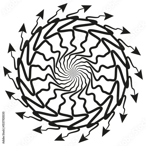 Arrow spiral figure. Direction motion pattern. Black white concept. Vector dynamic shape.