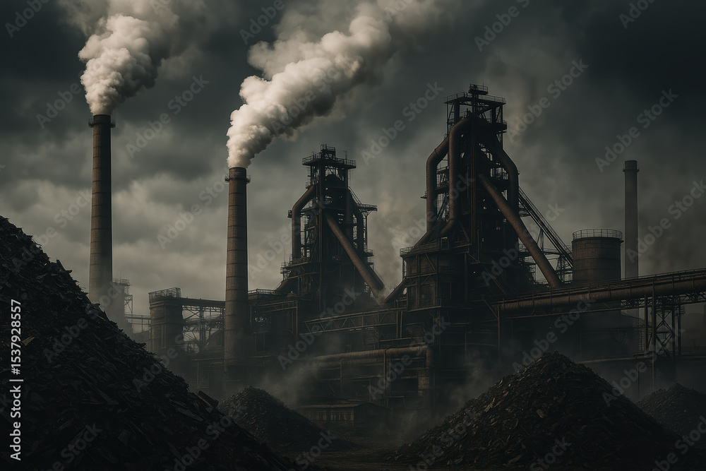 Industrial plant emitting smoke against dramatic sky in steel production facility Industrial plant emitting smoke against dramatic sky in steel production facility