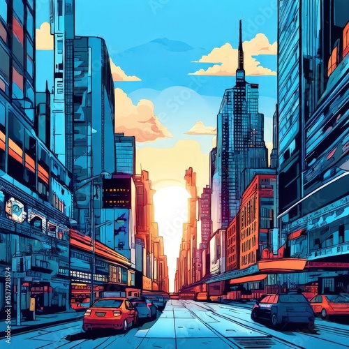an AI Image Generator, Vibrant Urban Street at Sunset Amid