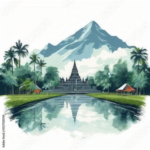 an AI Image Generator, Idyllic Scene of Temple, Mountains, and Palm Trees