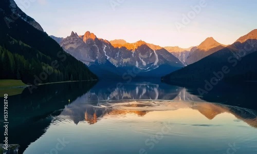 A beautiful mountain lake with a sunset in the background. The water is calm and the sky is orange and pink