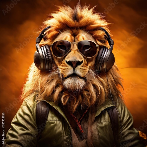 an AI Image Generator, Stylish Lion Wearing Headphones and Sunglasses