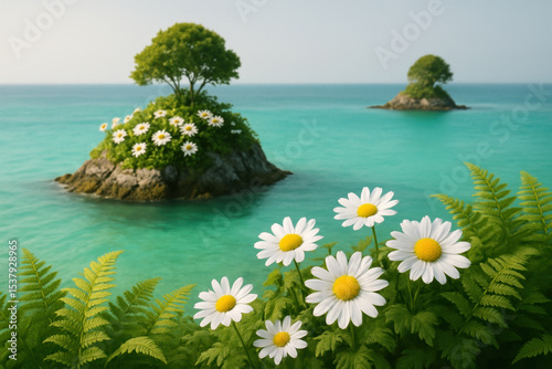 Serene island oasis with blossoming daisies and lush greenery in turquoise waters