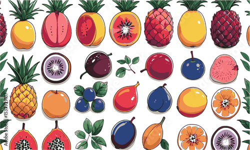 Vector illustration hand drawn featuring a diverse collection of colorful fruits (a playful lemon, papaya, apple), cool purples and blues (grapes, plums, blueberries, easily editable.