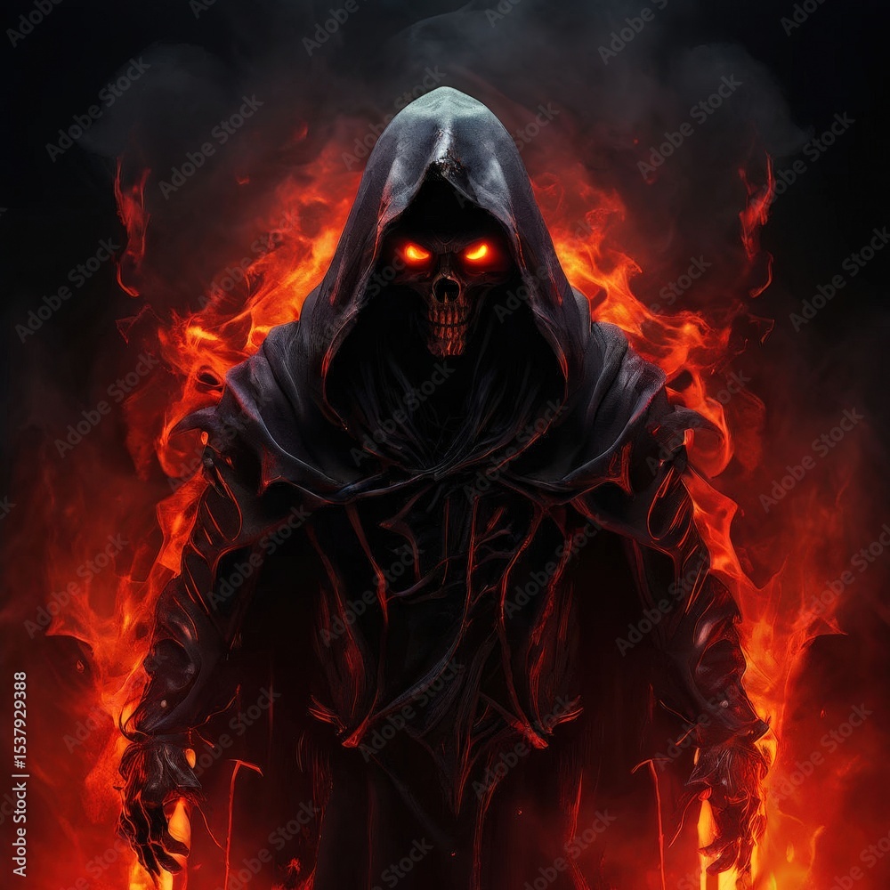 Fototapeta premium an AI Image Generator, Eerie Hooded Skeleton Figure Surrounded by Fiery