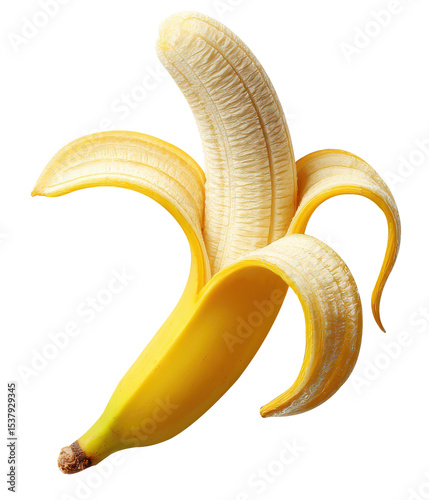 Partially peeled ripe banana isolated on a white background.