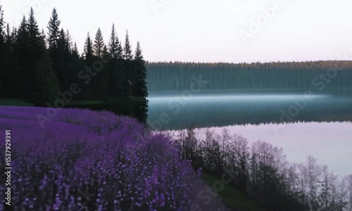A beautiful landscape with a purple field and a lake. The lake is calm and the sky is a mix of blue and purple