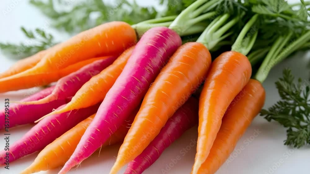 A bunch of vibrant, fresh carrots in orange and purple hues, with their green leafy tops still attached. A bunch of vibrant, fresh carrots in orange and purple hues, with their green leafy tops still attached.