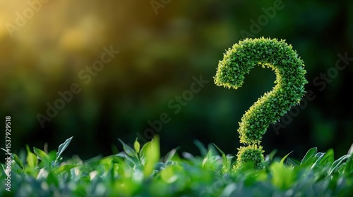 A green shrub shaped like a question mark rises above foliage, symbolizing curiosity and nature's mysteries under warm sunlight.