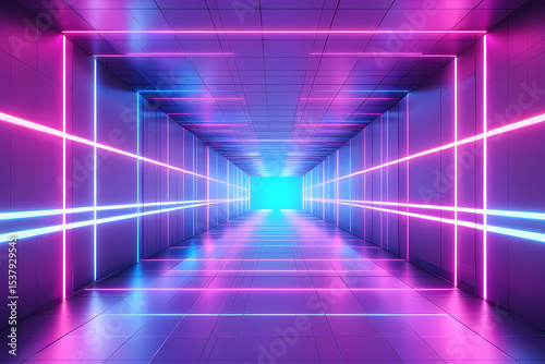 Neon lights illuminate a futuristic purple and blue corridor, creating a vibrant, otherworldly glow