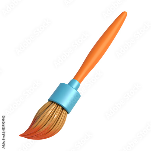 Close up of a paintbrush with orange handle and blue connector isolated on transparent background