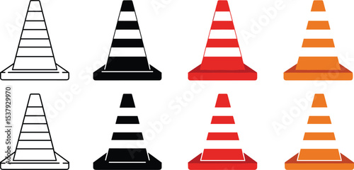 Traffic cone vector icons set, striped safety cones illustration, road hazard symbols, construction zone warning, black red orange flat design
