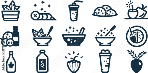 Healthy Eating Nutrition and Wellness Icons Set Design Food Vegan and Vegetable Concepts Delicious Diet and